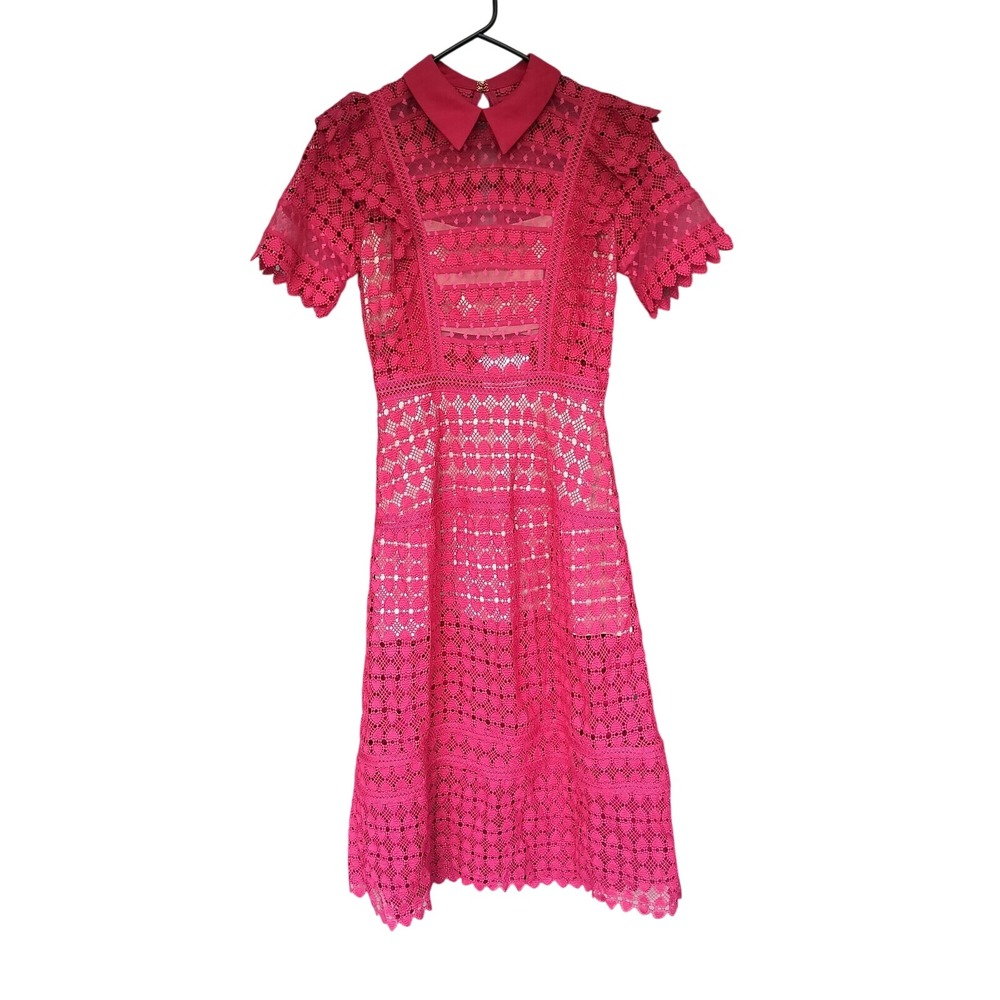 Xueyuanfeng Red Heart Lace‎ Short Sleeve Collared Fit and Flare Dress M